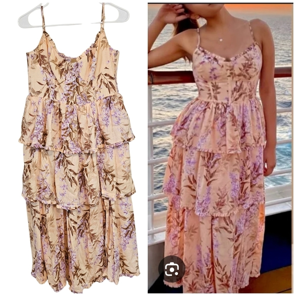 House Of Harlow 1960 Tiered Ruffle Floral Corset Lace Up Midi Dress Coquette